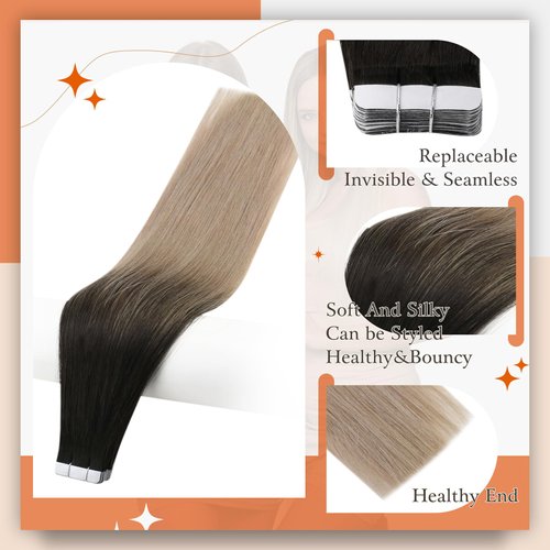 Full Shine Black Ombre Tape in Hair Extensions Human Hair 50 Gram Skin Weft Tape Hair Extensions Human Hair 18 Inch Black To Blonde Tape in Hair Extensions 1B/18 Balayage Seamless Tape Hair 20 Pcs