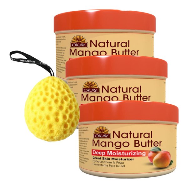 westlake art Natural Mango Butter 7 Oz, Great Deep Hydration Skin Moisturizer, Bundle With Bath Sponge, Pure Deep Conditioning For Soft Skin & Hair, Hydration & Smooth [Pack Of 3]