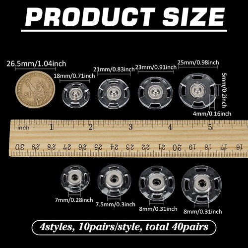 FINGERINSPIRE 40 PCS Clear Sew-On Snaps Buttons 4 Sizes Decorative Stainless Steel Snap Button with Hole Reusable Metal Snaps Fasteners Press Studs Buttons Plastic Embellishment for DIY Decoration