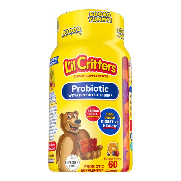 L’il Critters Probiotic Daily Gummy Supplement for Kids, for Digestive Health Support, Grape, Cherry and Orange Flavors, 60 Gummies