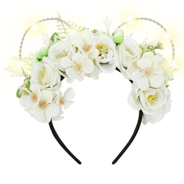 VISSTREE Handmade Theme Park Trip Silver Glowing Mouse Ears Headband - White Rose Flower And White Light LED Flashing Floral Mouse Headwear Costume Accessories for Adult Women Girls Photography Props