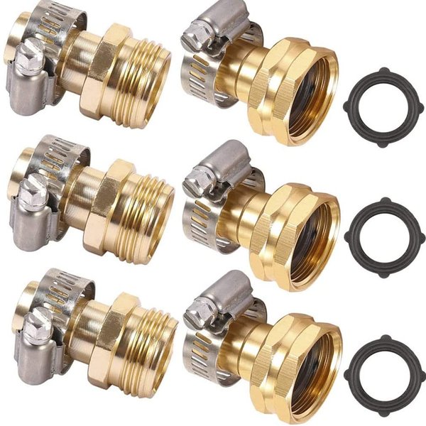 Metal Garden Hose Repair Connector with Stainless Steel Clamp, Female and Male Hose Connector,Repair Mender Hose Connector 3pairs
