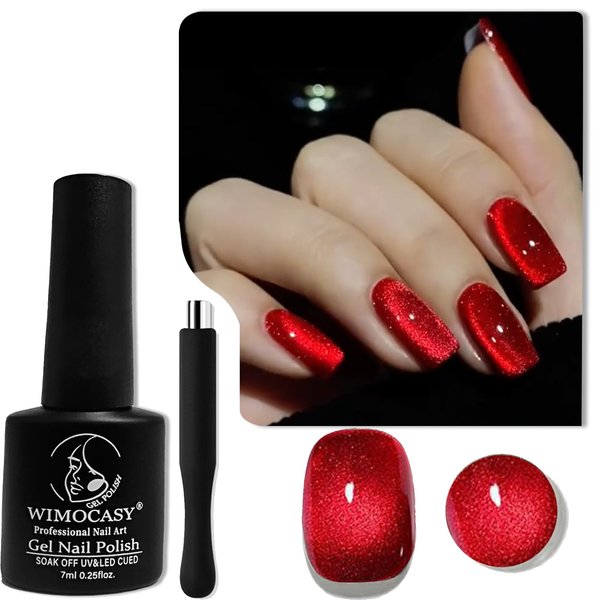 Wimocacy Cat Eye Gel Nail Polish Holographic Glitter Gel Polish Magnetic Nail Polish with Magnet for Salon Nail Art Home DIY (Ruby Red)