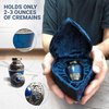 Small Keepsake Cremation Urns for Human Ashes with Velvet Heart Case and Funnel - Beautiful Peaceful Dark Blue Brass Hand Engraved Mini Memorial Urn