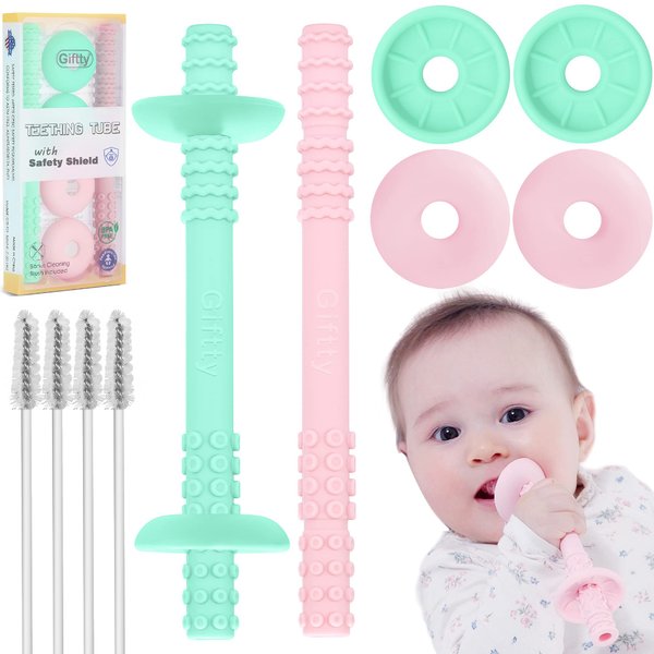 Giftty Teething Tube with Safety Shield Baby Hollow Teether Sensory Toys Gum Massager, Food-Grade Silicone for Infant 3-12 Months Boys Girls, 1 Pair with 4 Cleaning Brush Included (Pink+Mint)