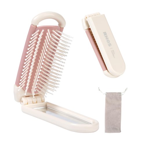 RHOS Folding Brush with Mirror for Women,Girls-Portable Mini Hair Brush for Purse,Small Pocket Hair Brush with Soft Nylon Bristles-Portable Brush with Mirror for Travel(Beige)