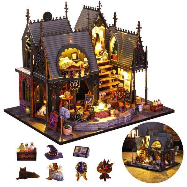 DIY Miniature House Kit, Tiny for Adults to Build, Magic Cabin House,3D Wooden Puzzles Dollhouse Bookshelf Insert Decor Alley-Creativity Kit with LED Light for Family and Friends (Luna's Magic House)