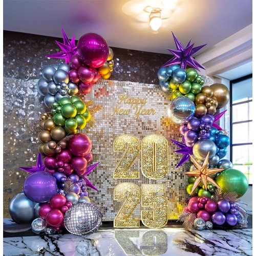 Metallic Balloon garland kit 150PCS Hot Pink Purple Green Blue Silver Gold Latex starburst 80s 90s Disco ball Party Balloons for Birthday Graduation last bachelorette Decoration new year eve supplies