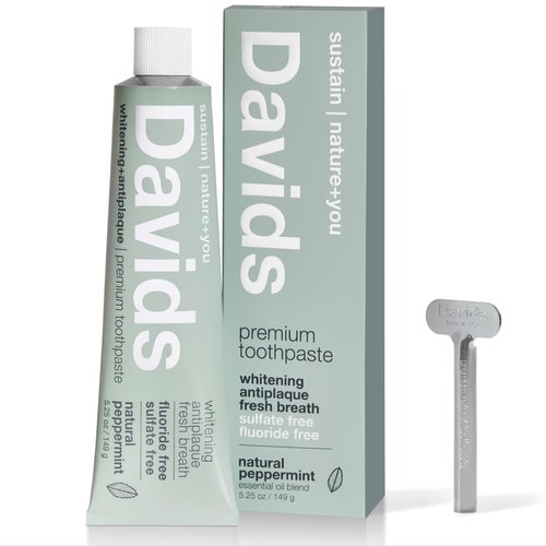 Davids Toothpaste for Teeth Whitening, Peppermint, Antiplaque, Fluoride Free, SLS Free, EWG Verified, Toothpaste Squeezer Included, Recyclable Metal Tube, 5.25oz