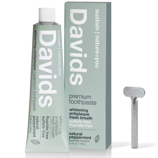 Davids Toothpaste for Teeth Whitening, Peppermint, Antiplaque, Fluoride Free, SLS Free, EWG Verified, Toothpaste Squeezer Included, Recyclable Metal Tube, 5.25oz