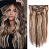 Clip in Hair Extensions, Remy Human Hair Extensions 18Inch Ombre Chocolate Brown to Caramel Blonde Highlighted Real Human Hair Clip Ins Silky Straight 2-3 Sets for Full Head 7pcs 70g