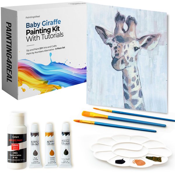 Painting4Real DIY Painting Class Kit for Adults: Learn to Paint This Baby Giraffe with Video Tutorials – How to Paint with Acrylics – Painting & Art Supplies – 9 Piece Acrylic Paint Set