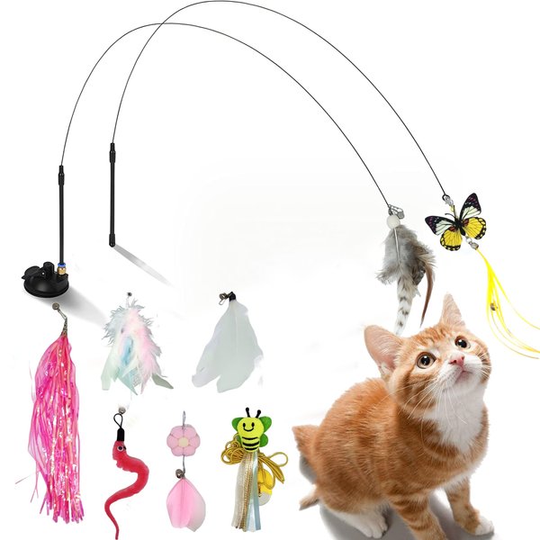 Mrocioa 11pcs Cat Toys Feather Teaser, Interactive Suction Cup Cat Toy Wand with Replaceable Kitten Toys for Indoor Cats to Play Chase Exercise