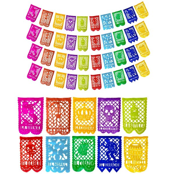 40 Ft Mexican Banner Papel Picado Paper Set, La Loteria Party Banners, Mexican Banner Decorations (10 FT x 4) Four Indoor Mexican Party Decorations para Cinco de Mayo Decoracion, Loteria Mexicana