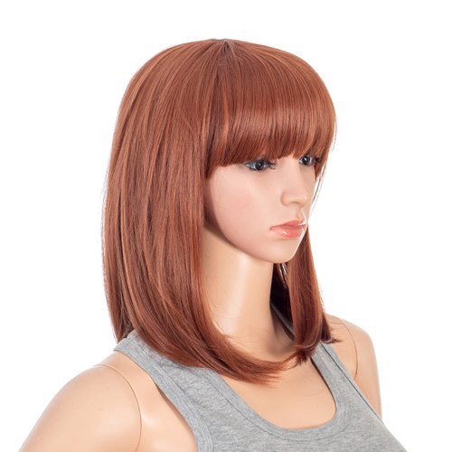 SWACC Short Straight Bob Wig with Bangs Synthetic Colorful Cosplay Daily Party Flapper Wig for Women with Wig Cap (Dark Copper Red)