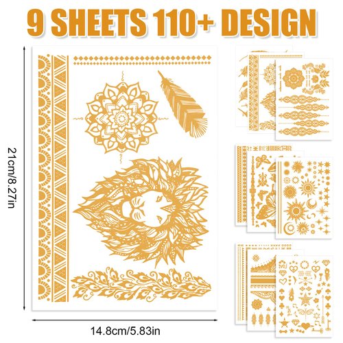 9 Sheets Gold Temporary Tattoos, 110+ Styles Metallic Tattoos Temporary Flash Face Tattoos Star Butterfly Waterproof Festival Tattoos Stickers for Women Girls Eyes Face Body Art Makeup