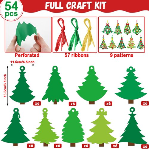 Qyeahkj 54 Sets Christmas Tree DIY Ornaments Craft Kit for Kids Toddlers Christmas Hanging Art Project Paper Ornaments Making Crafts for Preschool Kids Ages 4-8, 8-12 for Xmas Party Favors, 9 Styles