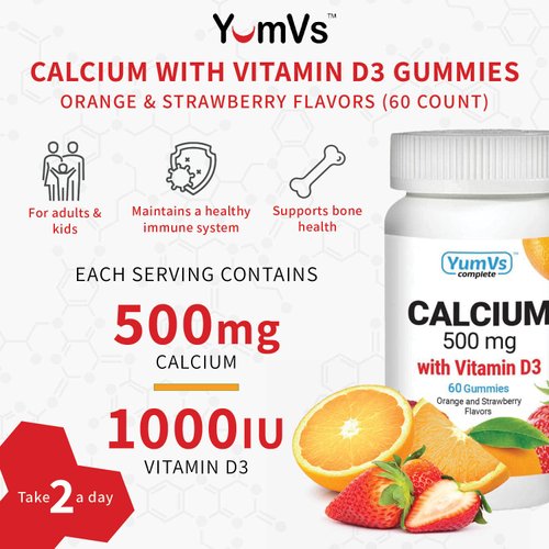 Calcium with Vitamin D3 Gummies by YumVs | Daily Dietary Supplement for Adults and Kids | Calcium 500mg + Vitamin D 1000IU | Natural Orange & Strawberry Flavor Gummies, 60-Count | Kosher