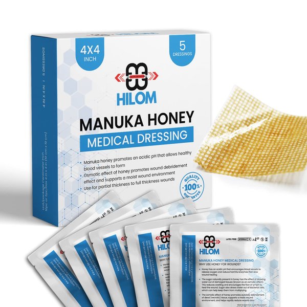 Hilom Medical Grade Manuka Honey Gauze Dressing 4 inch x 4 inch (5 Pack - Non-Adherent) | First Aid for Minor Wounds Such as Cuts or Advanced Wound Care of Bed Sores, Burns, or Lacerations