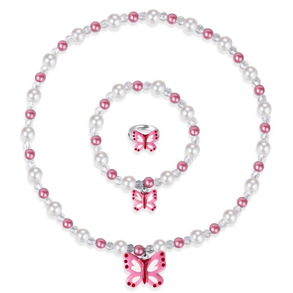 Msnailfly Butterfly Stretch Necklace Little Girl Toddler Necklace Bracelet Set, Little Princess Jewelry Kids Play Necklaces Butterfly Rings for Kids (B)