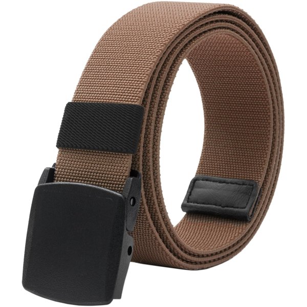 LionVII Men's Elastic Stretch Belt, Canvas Web Belt with No-metal Plastic Buckle for Work Outdoor, Trim to Fit Waist Below 46" (Brown)