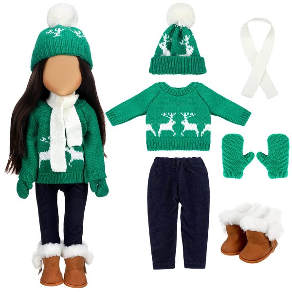 Bencailor Christmas 18 Inch Doll Clothes and Accessories Winter Doll Outfits Set Sweaters Trousers Hats Shoes for 18 Inch Doll Gifts(Green White)