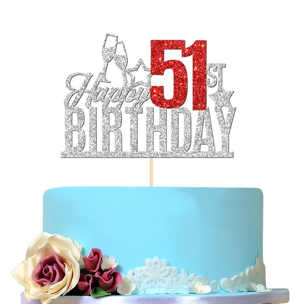 Happy 51st Birthday Cake Topper - Fifty one-year-old Cake Topper, 51st Birthday Cake Decoration, 51st Birthday Party Decoration (Silver and Red)