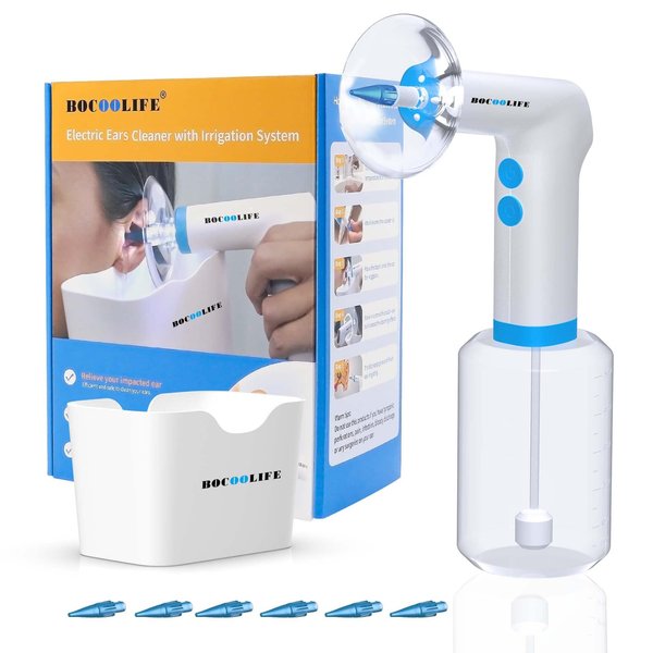 BOCOOLIFE Ear Wax Removal Kit, Electric Ears Cleaner with Light Ear Cleaning kit, Safe & Effective Ear Flushing Kit for Adults, Ear Irrigation Flushing System with 4 Pressure Settings, 7 Ear Tips