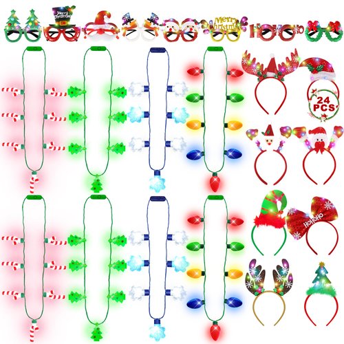 24 PCS Christmas Party Favors, Light Up Candy Cane Snowflake Tree Bulb Necklace LED Headwear Glow Eyeglasses Set for Bulk Xmas Gifts, Christmas Ugly Sweater Party Supplies, Christmas Accessories
