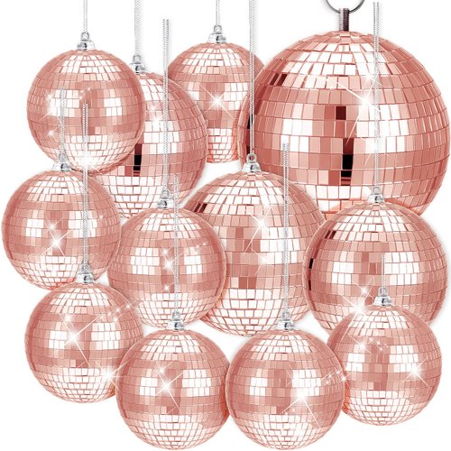 12 Pack Disco Ball Mirror Ball with Hanging Ring for Fun Retro Disco Party Decorations Party DJ Lighting Effect Stage Props Game Accessories, 5.91 Inch, 3.94 Inch, 3.15 Inch, 2.36 Inch (Rose Gold)