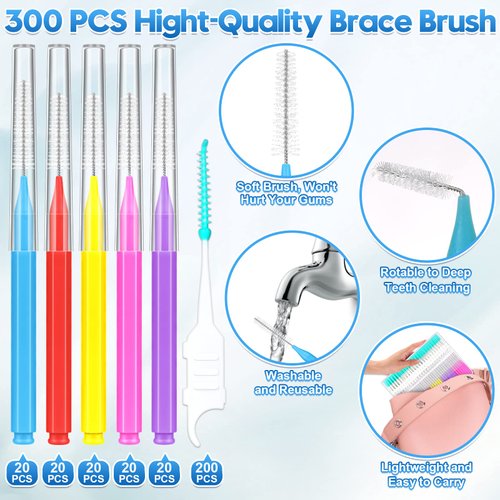 300 Pcs Interdental Brushes for Braces, 6 Size Soft and Bendable Braces Brush for Cleaning, Toothpick Dental Tooth Flossing Head Oral Dental Hygiene Flosser Teeth Gum Braces Tooth Cleaning Tool