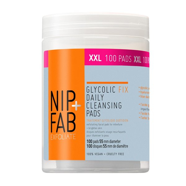 Nip + Fab Glycolic Acid Fix Daily Cleansing Pads for Face with Hyaluronic Acid, Witch Hazel, Exfoliating Resurfacing AHA Facial Cleanser Pad for Exfoliation Even Skin Tone Brighten Skin, 100 Pads XXL