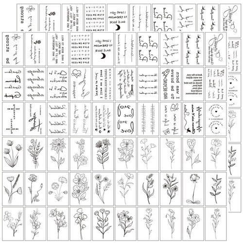 ASVNRES Realistic Temporary Tattoos for Adults - 120 Sheets Tiny Small Removable Fake Tattoos, 60 Pcs Inspirational Quotes Words Tattoos, 60 Pcs Flower Botanical Floral Leaf Tattoo Stickers