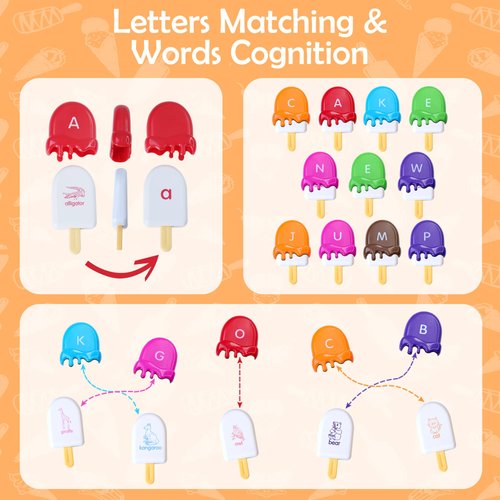 USATDD ABC Alphabet Learning Toys Letters Animal Matching Toy Ice Cream Alphabet Uppercase Lowercase Color Sorting Activity Educational Montessori Toys Back to School for Kids Ages 3+