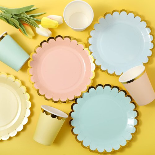 CHENGU Disposable Plates for Party Disposable Dinnerware Set Include 7 Inch Paper pastel Dessert Plates and 12 oz Cups for Birthday Party Supplies Baby Shower Wedding (Solid Style,80 Pcs)