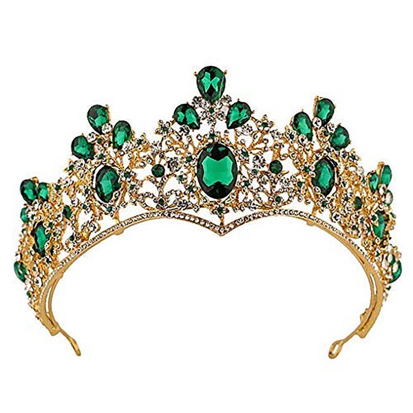 Olbye Wedding Tiara Green Crystal Crown for Women and Girls Queen Crowns and Tiaras Baroque Crown Gold (Style2)