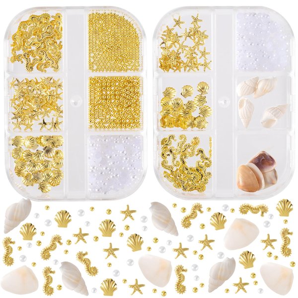Pndeyo 2 Boxes Ocean Beach Nail Art Charms, Gold 3D Starfish Seashell Nail Decoration Gems, Flatback Pearl Sea Nail Art Accessories Embellishments for Manicure DIY Design- 8 Styles