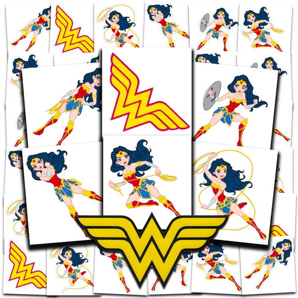Wonder Woman Tattoos Party Favors Bundle ~ 72 Perforated Individual 2" x 2" Wonder Woman Temporary Tattoos for Kids Boys Girls (Wonder Woman Party Supplies)