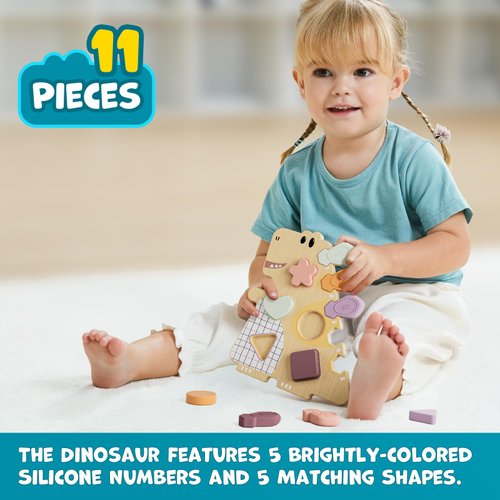TOP BRIGHT Montessori Shape Sorter Toy for Toddlers 18 Months to 3 Years, Wooden Dinosaur with Silicone Numbers, Sensory Play and Color Sorting Game - Enhances Fine Motor Skills