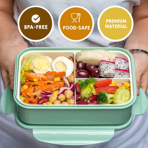 LOVINA Bento Boxes for Adults - 1100 ML Bento Lunch Box For Kids Childrens With Spoon & Fork - Durable Perfect Size for On-the-Go Meal, BPA-Free and Food-Safe Materials(Green)