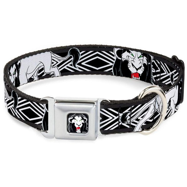 Dog Collar Seatbelt Buckle Lion King Scar Poses White Black 15 to 26 Inches 1.0 Inch Wide