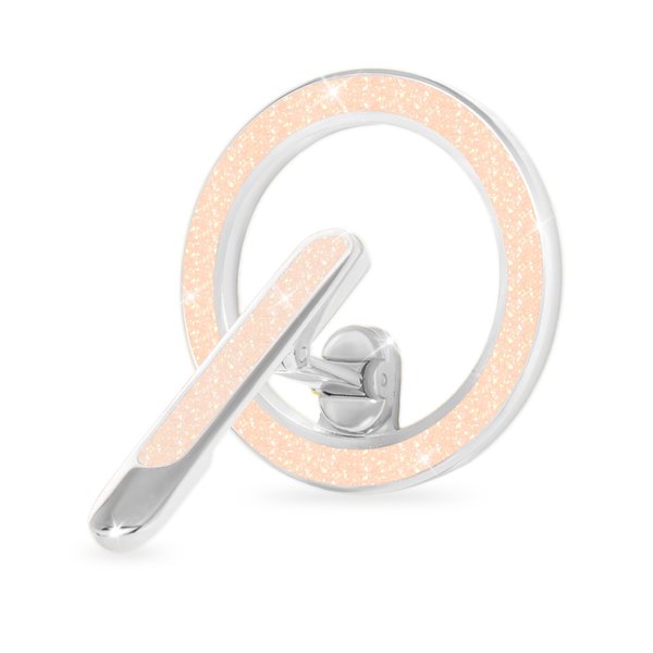 Magnetic Phone Ring Holder with Adjustable Kickstand, Compatible with iPhone 15/14/13/12, Brooch Design with Glitter Surface, Includes Adapter Ring (Metallic Silver & Sparkling Beige)