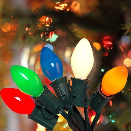 Romasaty C7 Christmas Lights Outdoor, 25Ft Vintage Christmas String Lights with 27 Multicolor Ceramic Bulbs, Hanging Christmas Decorations Lights for Roofline House Garden Patio Backyard Party-Green