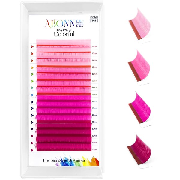 Colored Lash Extensions, 16 Rows Cashmere lash extensions, 0.07 D Curl Lash Extensions, 12-15mm Classic Lash Extensions, Single Lash Extensions for Professional(0.07-D-Pink Gradient 12-15mm）