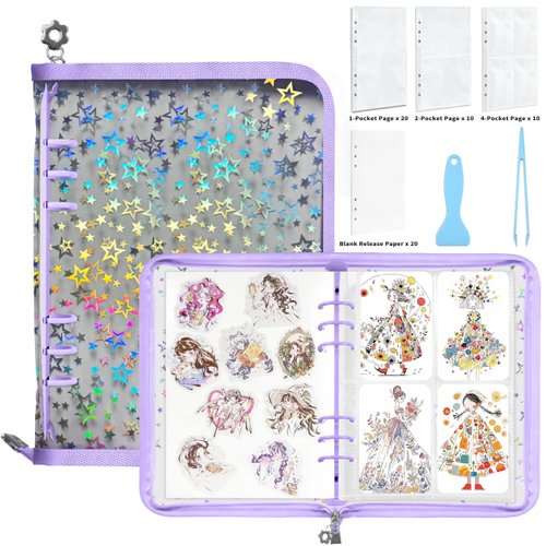 Mlife Sticker Storage Organizer, Sticker Organizer Binder Reusable Sticker Book Collecting Album A5 Sticker Collecting Book Sticker Album Holder with Blank Release Paper, Tweezer & Spatula(Purple)