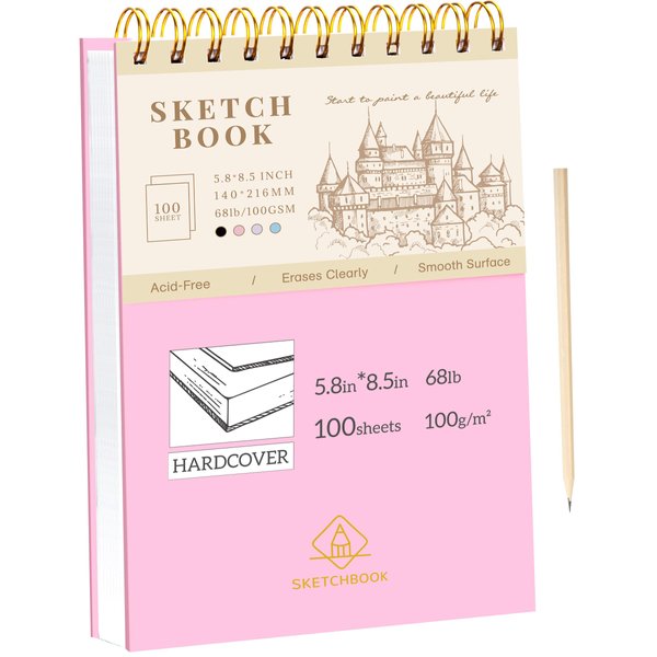 Yoment Sketchbook for Drawing Top Spiral Bound Sketch Pad for Kids 5.5" x 8.5" Hardcover Sketch Book(68lb/100gsm) Small Artist Drawing Blank Paper Notebook for Painting Sketching Pad with Pencil, Pink