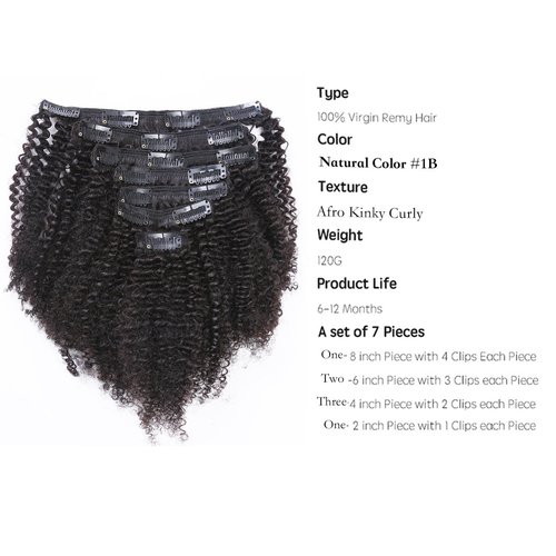 Afro Kinky Curly Clip in Human Remy Hair Extensions Brazilian Curly Clips Hair Extensions 4B 4C 8A Virgin Thick Natural Black Color Clip on For Black Women 10-22 inch (14 inch, AC #1B)