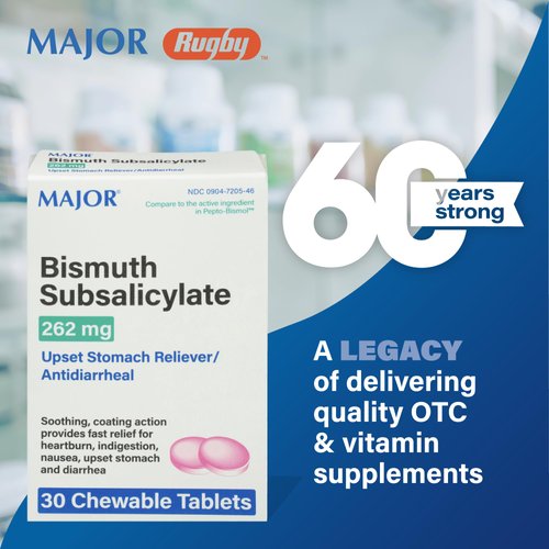 MAJOR Bismuth Subsalicylate 262mg Chewables - Offers Heartburn, Indigestion, Nausea, Diarrhea, and Upset Stomach Relief - Antidiarrheal - 30 Chewable Tablets
