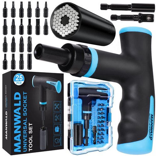 MANWALD Universal Socket Tool Set, Ratcheting T-Handle Screwdriver Set with Power Drill Adapter, Valentines Day Gifts for Him, Women, Dad, Blue, Black