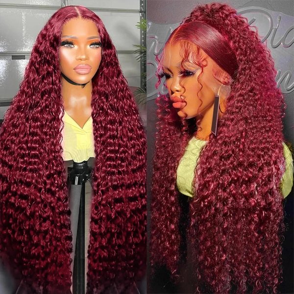 99j Burgundy Lace Front Wigs Human Hair 30 Inch 200 Density Deep Wave Lace Front Wigs Human Hair Pre Plucked Red Curly Human Hair Wig 13x4 HD Frontal Glueless Colored Wet And Wavy Loose Deep Wave